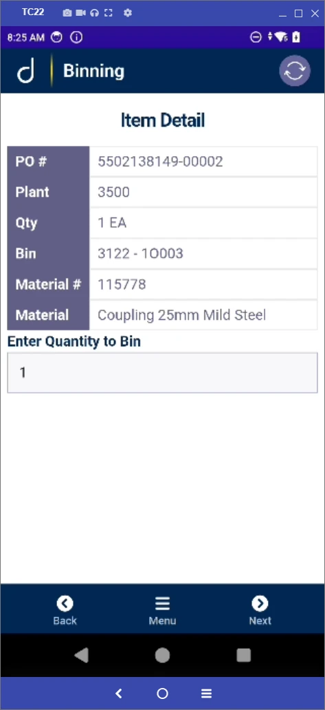 Binning: review the item and enter the quantity.