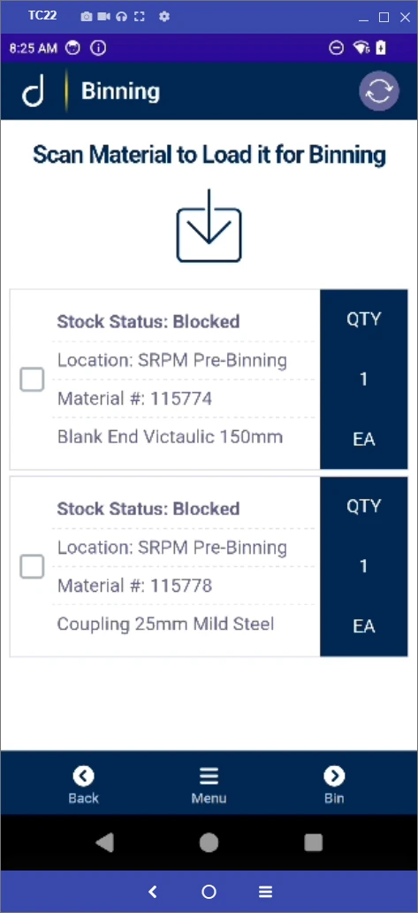 Binning: scan and select material to load.